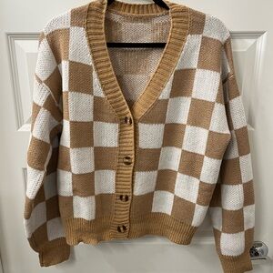 Checkered Tan and White Women's Sweater